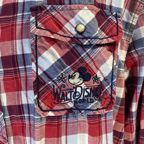 Walt Disney Parks Mickey Mouse Pearl Snap Red Plaid Western Shirt‎ Sz XL Mens - Picture 2 of 9